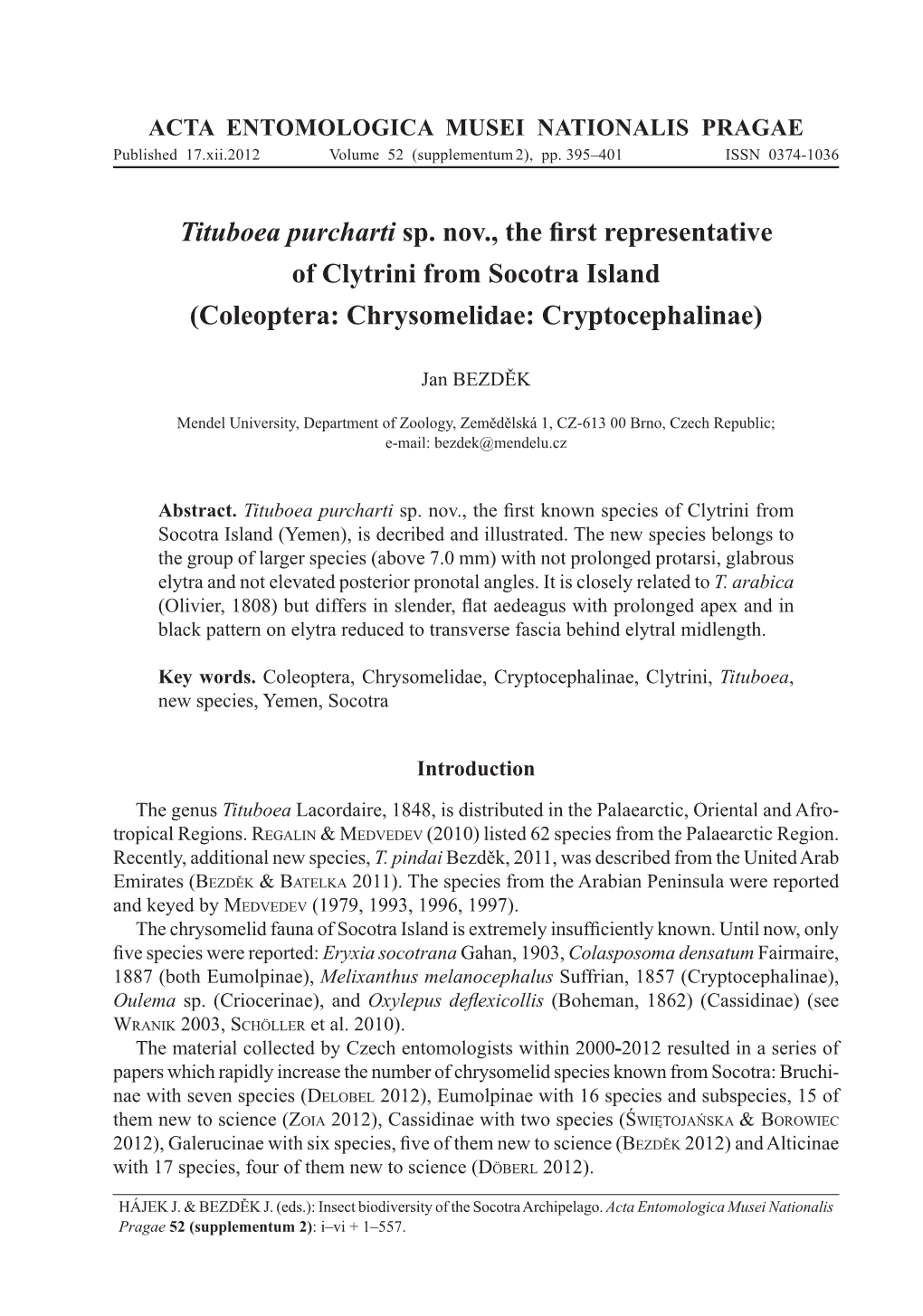 Tituboea Purcharti Sp. Nov., the First Representative of Clytrini from Socotra Island (Coleoptera: Chrysomelidae: Cryptocephalin