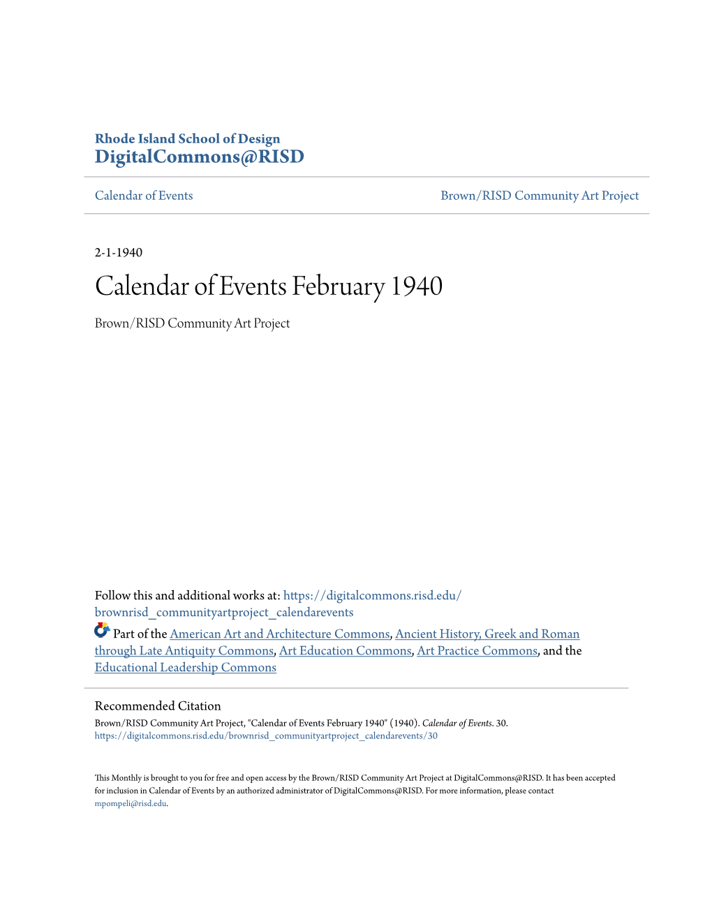 Calendar of Events February 1940 Brown/RISD Community Art Project