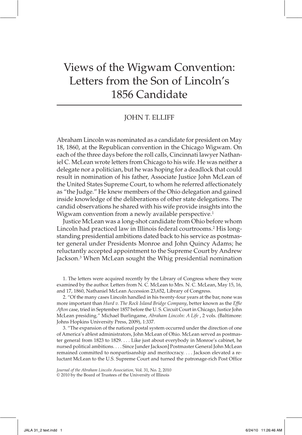 Views of the Wigwam Convention: Letters from the Son of Lincoln's