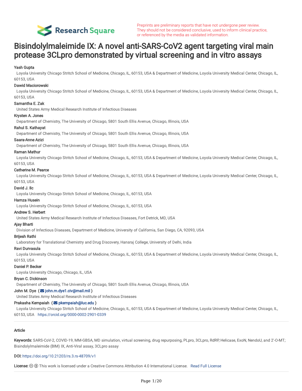 A Novel Anti-SARS-Cov2 Agent Targeting Viral Main Protease 3Clpro Demonstrated by Virtual Screening and in Vitro Assays