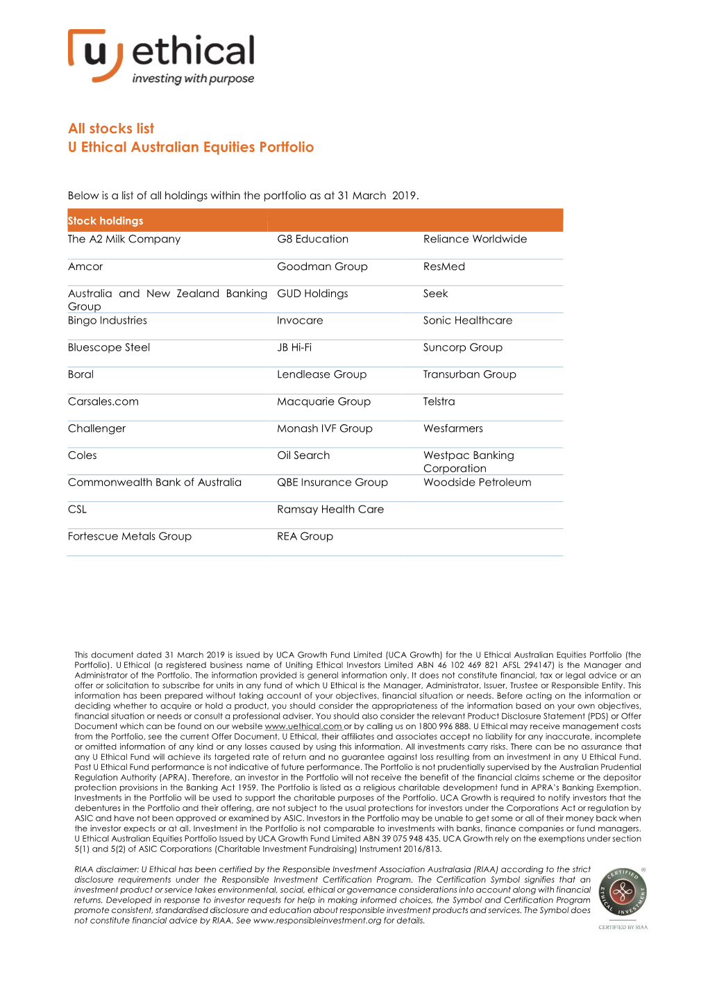 Stocks List U Ethical Australian Equities Portfolio