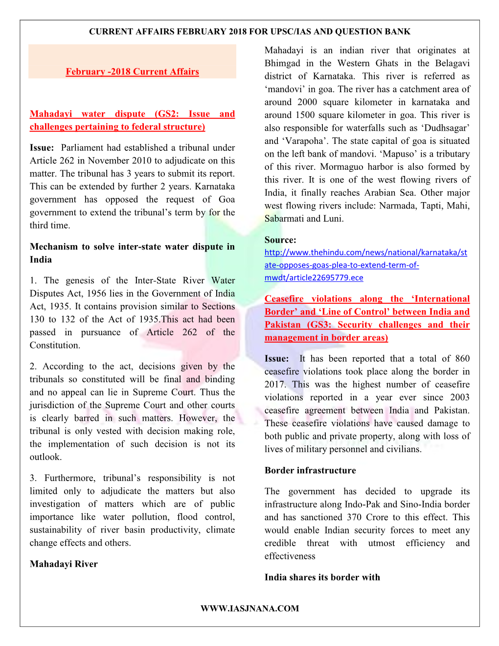 February -2018 Current Affairs Mahadayi Water Dispute (GS2: Issue and Challenges Pertaining to Federal Structure)