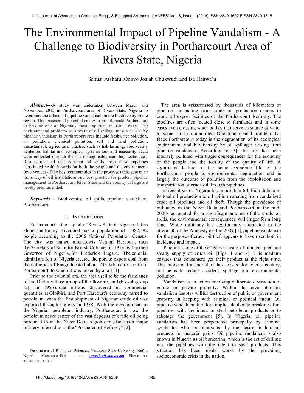 The Environmental Impact of Pipeline Vandalism - a Challenge to Biodiversity in Portharcourt Area of Rivers State, Nigeria