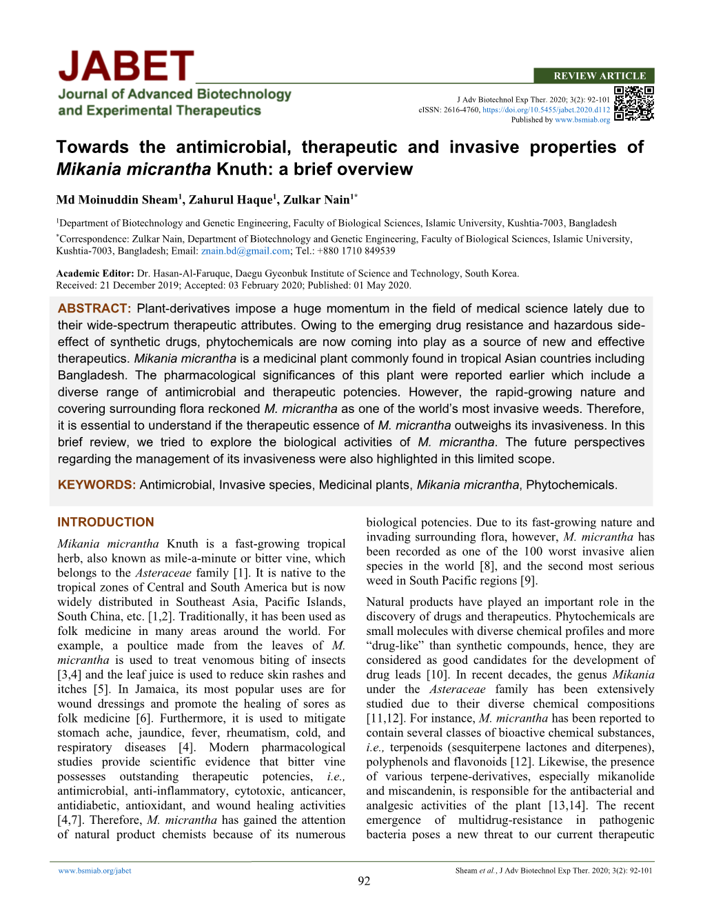 Towards the Antimicrobial, Therapeutic and Invasive Properties of Mikania Micrantha Knuth: a Brief Overview