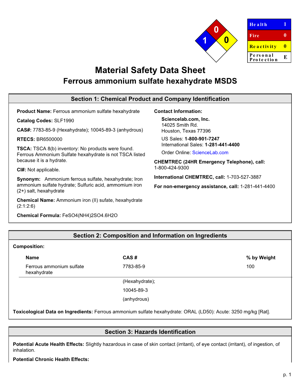 Material Safety Data Sheet Ferrous Ammonium Sulfate Hexahydrate MSDS