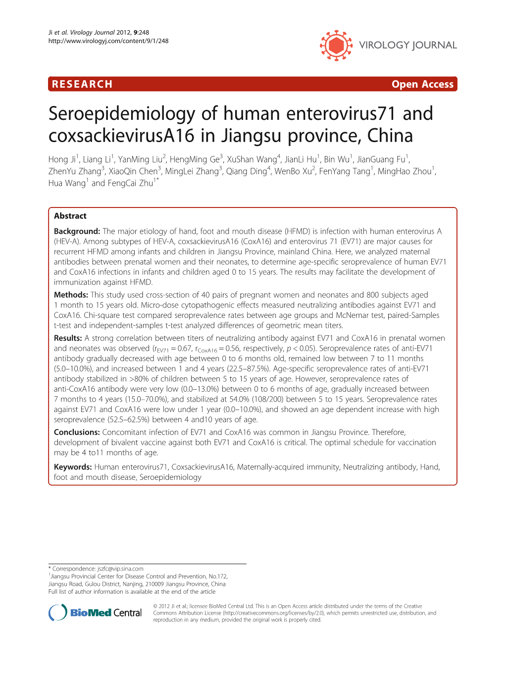 Seroepidemiology of Human Enterovirus71 and Coxsackievirusa16 in Jiangsu Province, China