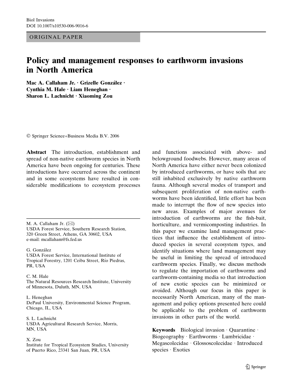 Policy and Management Responses to Earthworm Invasions in North America