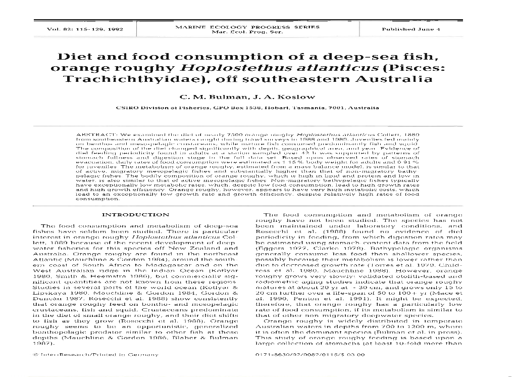 Diet and Food Consumption of a Deep-Sea Fish, Orange Roughy Hoplostethus Atlanticus (Pisces: Trachichthyidae), Off Southeastern Australia