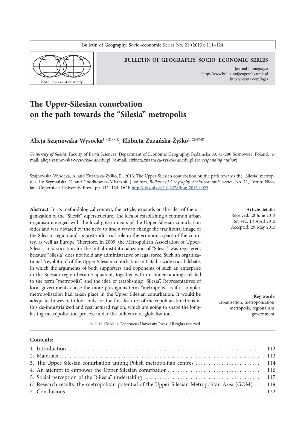 The Upper-Silesian Conurbation on the Path Towards the “Silesia” Metropolis