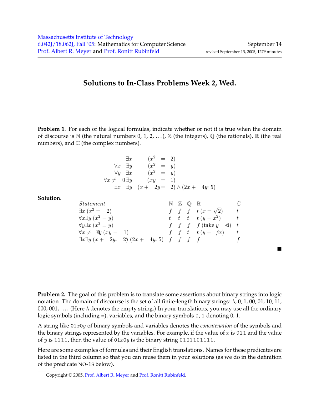 Solutions to Inclass Problems Week 2, Wed