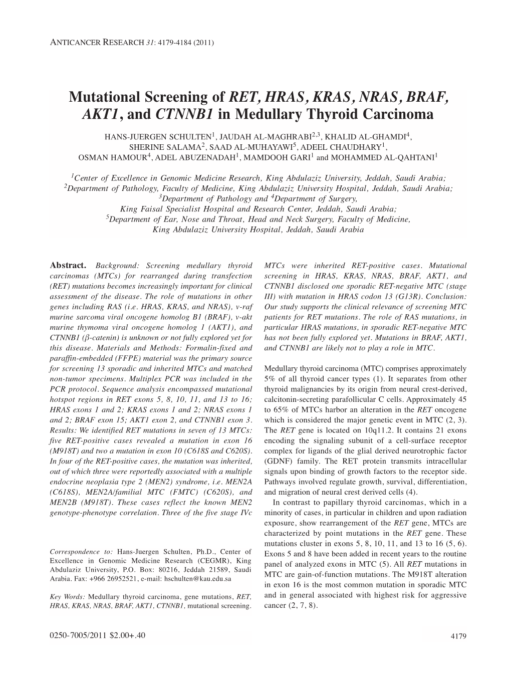 Mutational Screening of RET, HRAS, KRAS, NRAS, BRAF, AKT1, and CTNNB1 in Medullary Thyroid Carcinoma