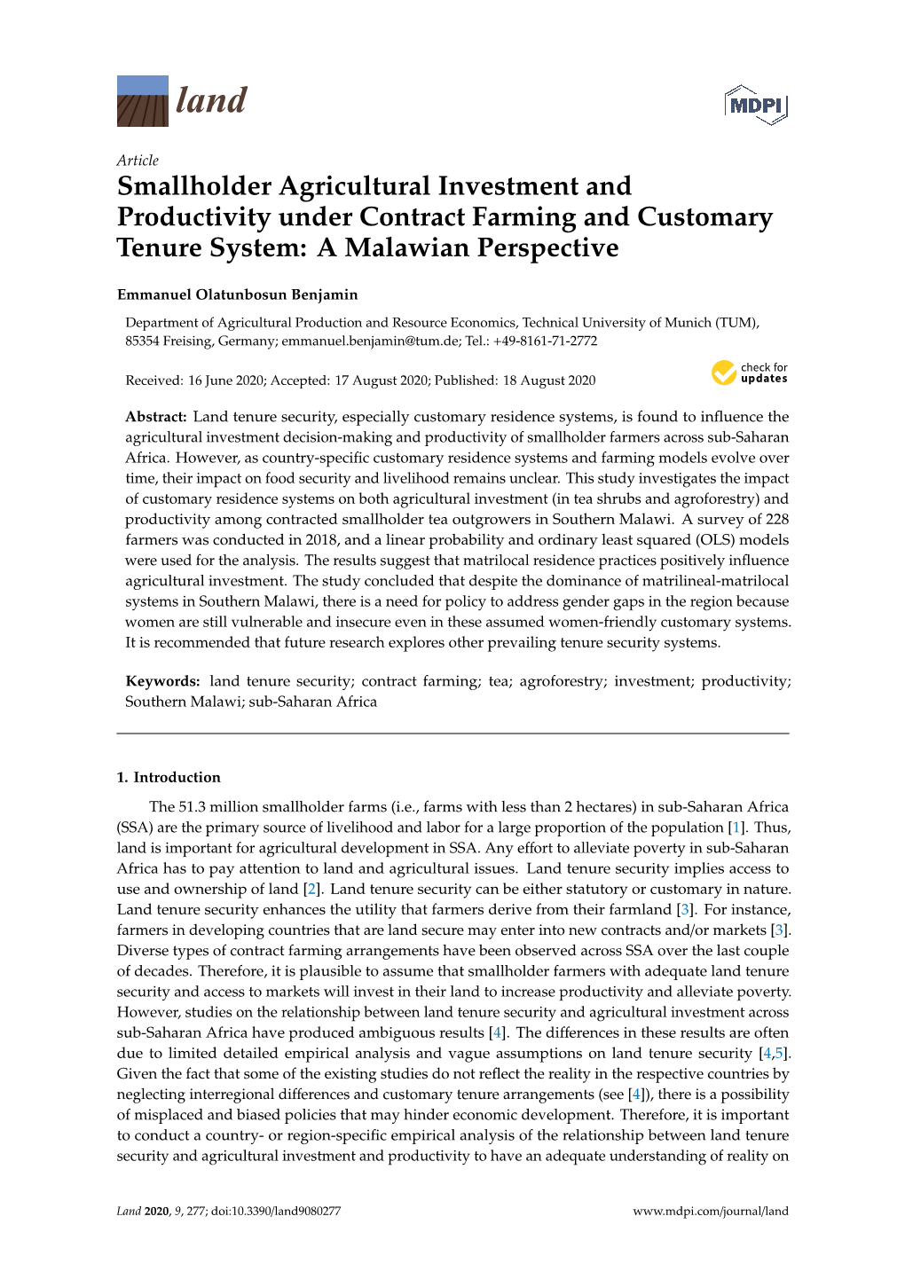 Smallholder Agricultural Investment and Productivity Under Contract Farming and Customary Tenure System: a Malawian Perspective