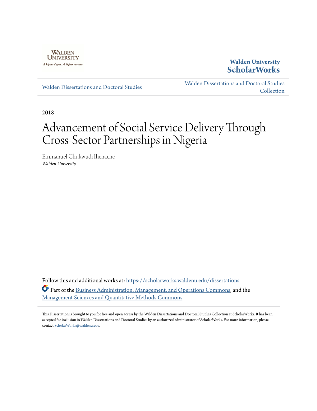 Advancement of Social Service Delivery Through Cross-Sector Partnerships in Nigeria Emmanuel Chukwudi Ihenacho Walden University