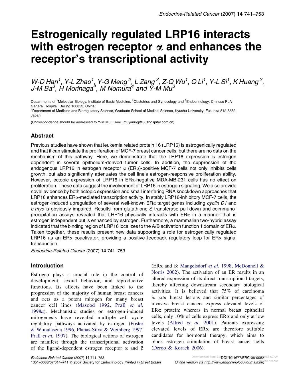 Estrogenically Regulated LRP16 Interacts with Estrogen Receptor a and Enhances the Receptor’S Transcriptional Activity