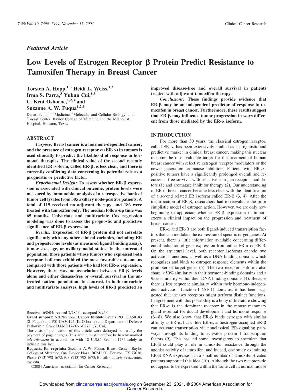 Low Levels of Estrogen Receptor Protein Predict Resistance To