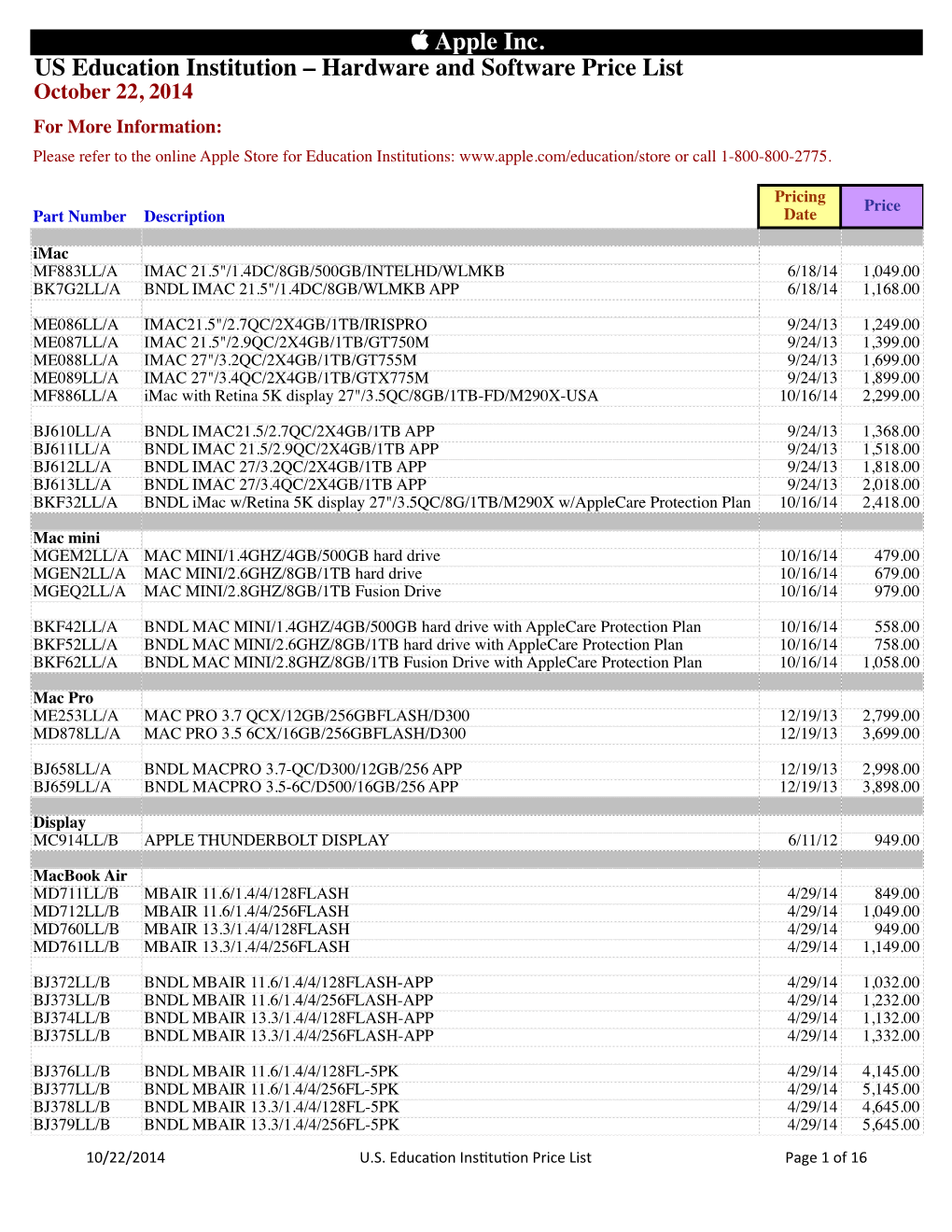 US EDU Price List 10-22-2014