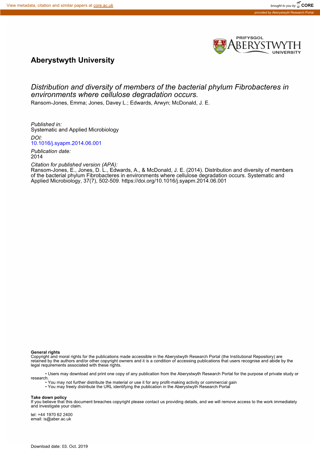 Distribution and Diversity of Members of the Bacterial Phylum Fibrobacteres in Environments Where Cellulose Degradation Occurs