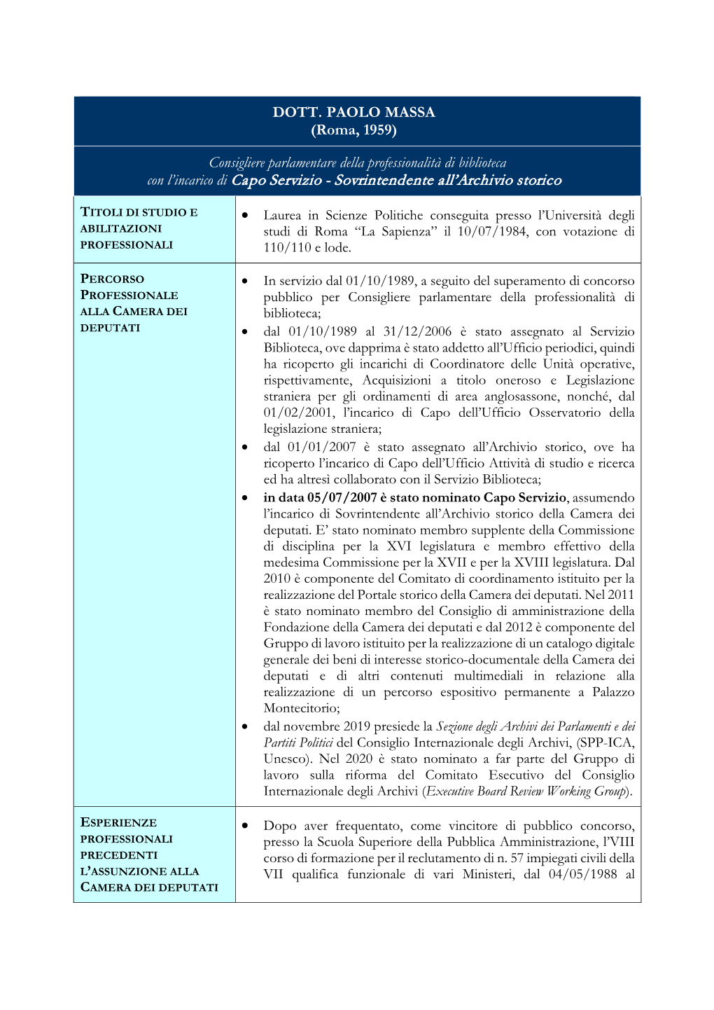 DOTT. PAOLO MASSA (Roma, 1959) Consigliere Parlamentare Della Professionalità Di Biblioteca Con L'incarico Di Capo Servizio