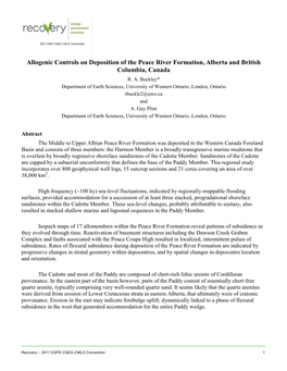 Allogenic Controls on Deposition of the Peace River Formation, Alberta and British Columbia, Canada R