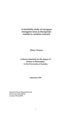 A Feasibility Study of Oncogene Transgenic Mice As Therapeutic Models in Cytokine Research