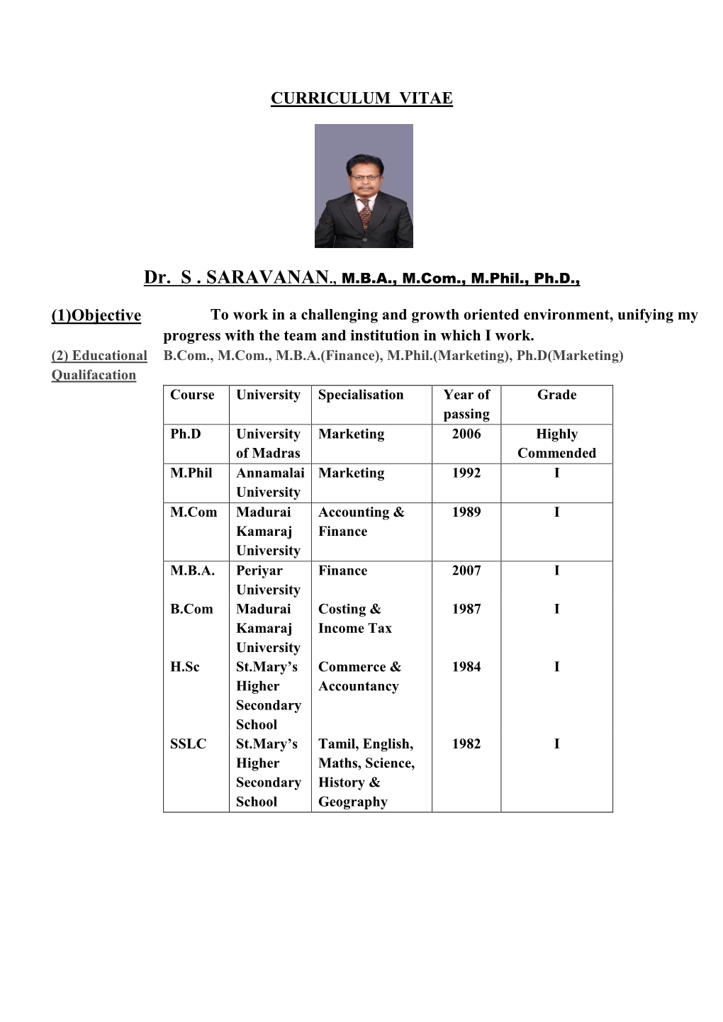 Dr. S . SARAVANAN., MBA, M.Com., M.Phil., Ph.D