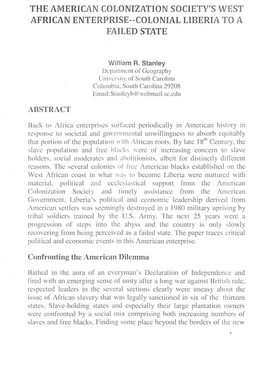 The American Colonization Society's West African Enterprise--Colonial Liberia to a Failed State