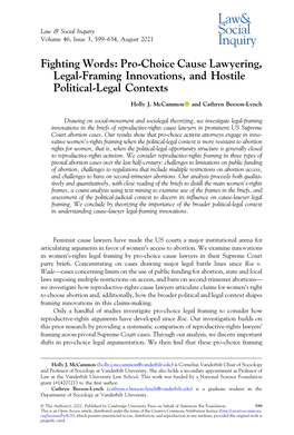 Fighting Words: Pro-Choice Cause Lawyering, Legal-Framing Innovations, and Hostile Political-Legal Contexts