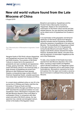 New Old World Vulture Found from the Late Miocene of China 4 August 2016