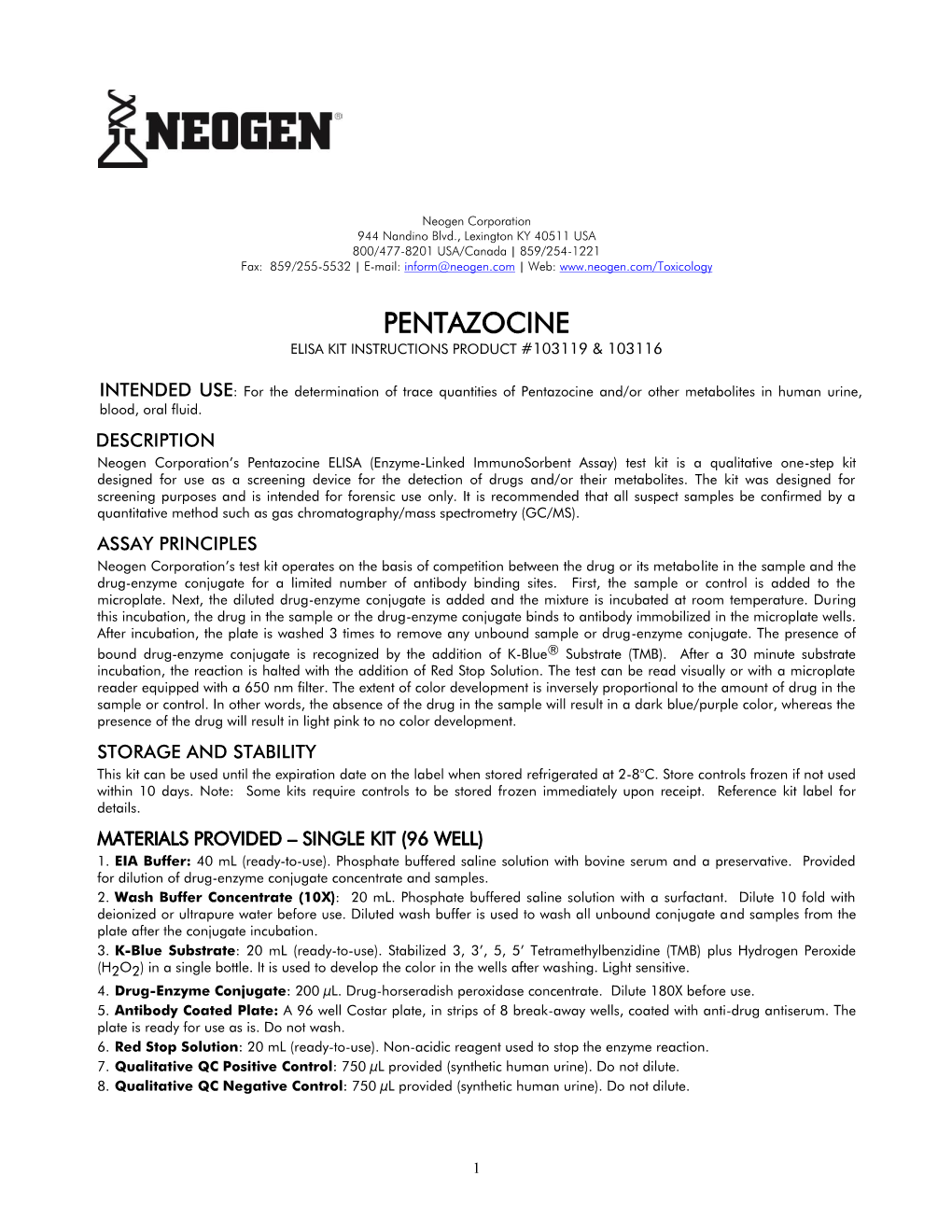 Pentazocine Elisa Kit Instructions Product #103119 & 103116