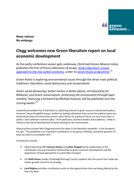 Clegg Welcomes New Green Liberalism Report on Local Economic Development