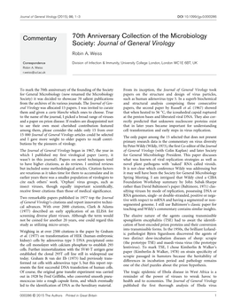 70Th Anniversary Collection of the Microbiology Society: Journal of General Virology Robin A