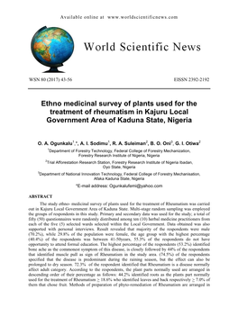 Ethno Medicinal Survey of Plants Used for the Treatment of Rheumatism in Kajuru Local Government Area of Kaduna State, Nigeria