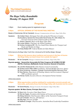 The Bega Valley Roundtable Monday 10 August 2020 Program