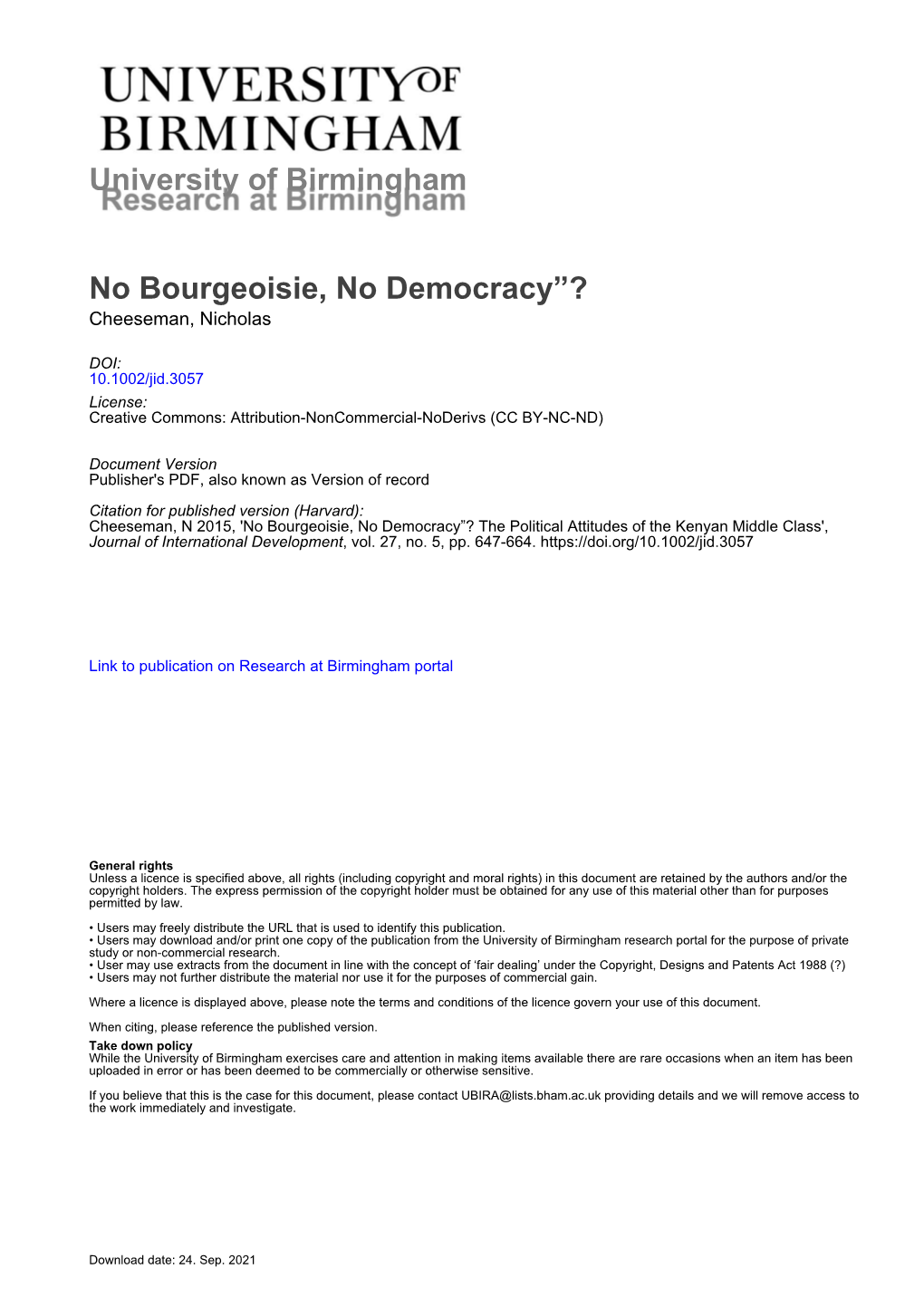 No Bourgeoisie, No Democracy? the Political