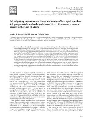 Fall Migratory Departure Decisions and Routes of Blackpoll Warblers Setophaga Striata and Red-Eyed Vireos Vireo Olivaceus at a Coastal Barrier in the Gulf of Maine