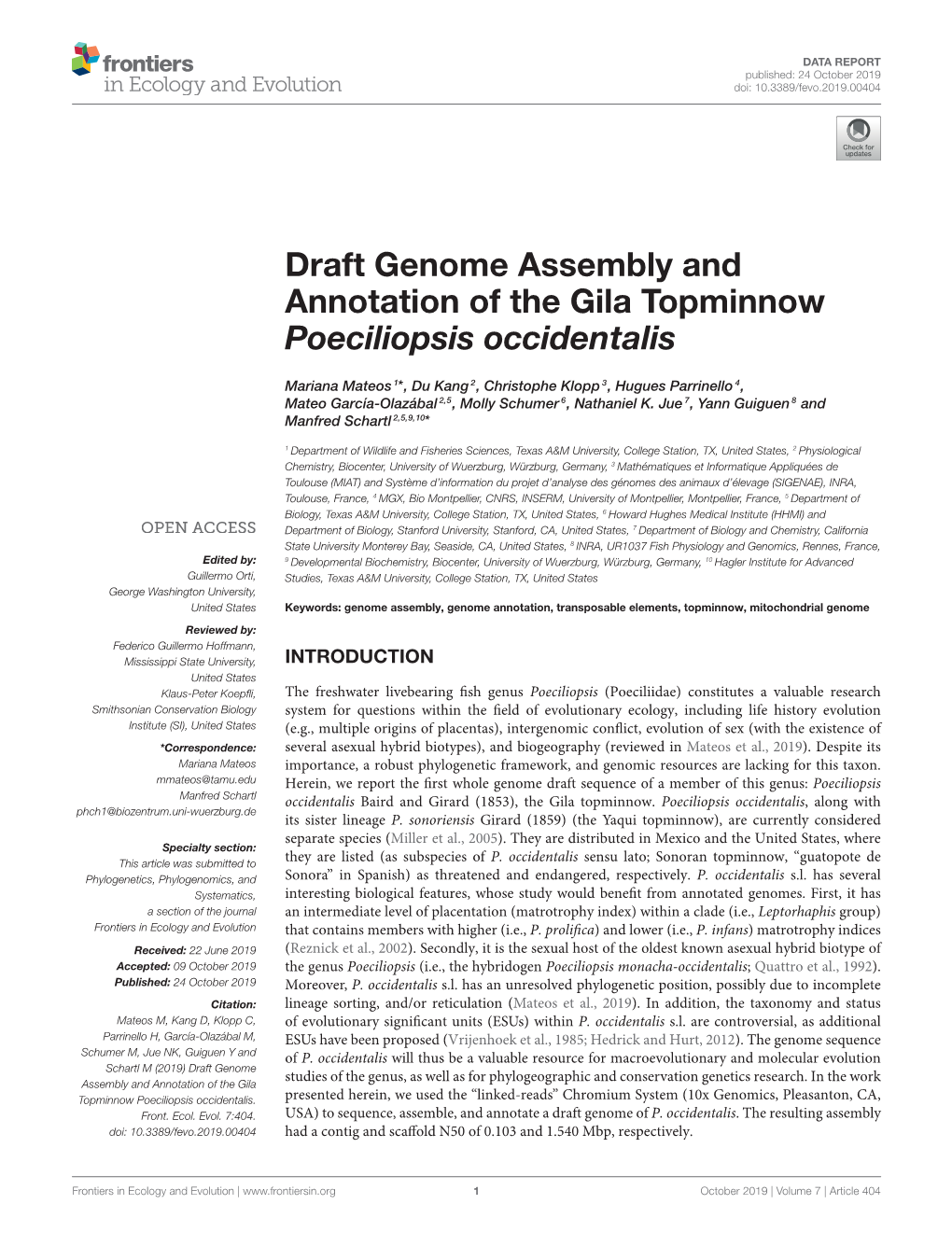 Draft Genome Assembly and Annotation of the Gila Topminnow Poeciliopsis Occidentalis
