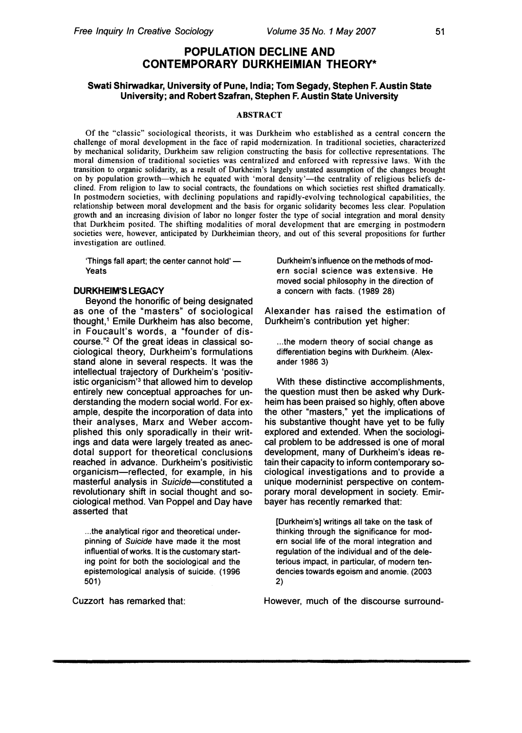 Population Decline and Contemporary Durkheimian Theory*