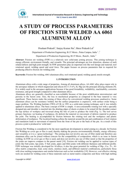 A Study of Process Parameters of Friction Stir Welded Aa 6061 Aluminum Alloy