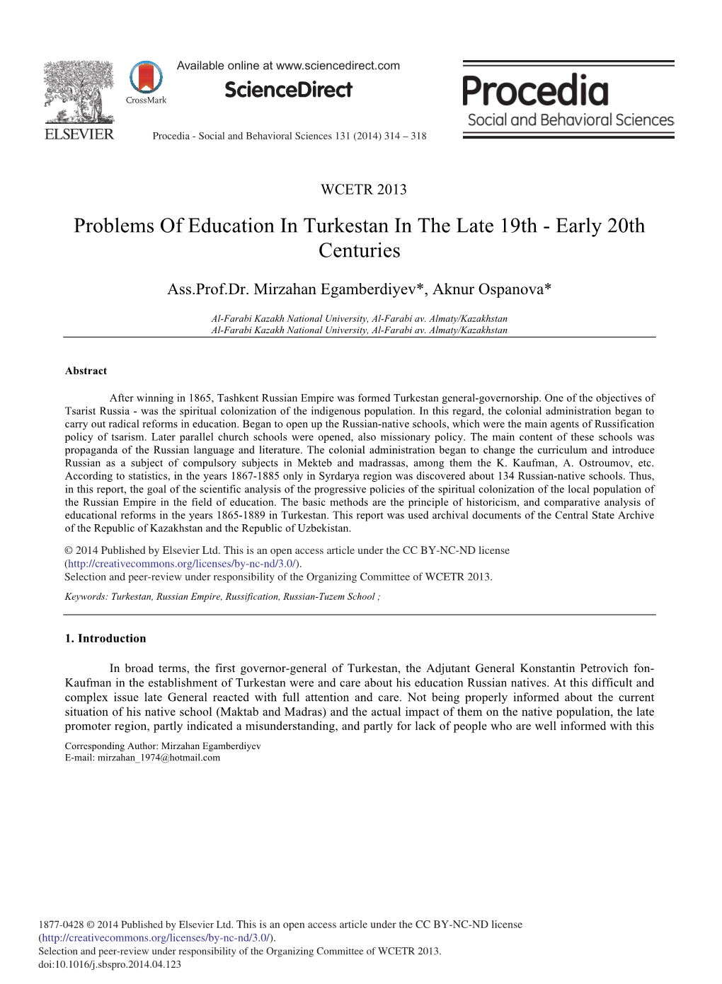 Problems of Education in Turkestan in the Late 19Th - Early 20Th Centuries