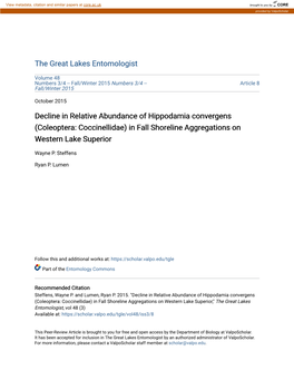 Decline in Relative Abundance of Hippodamia Convergens (Coleoptera: Coccinellidae) in Fall Shoreline Aggregations on Western Lake Superior