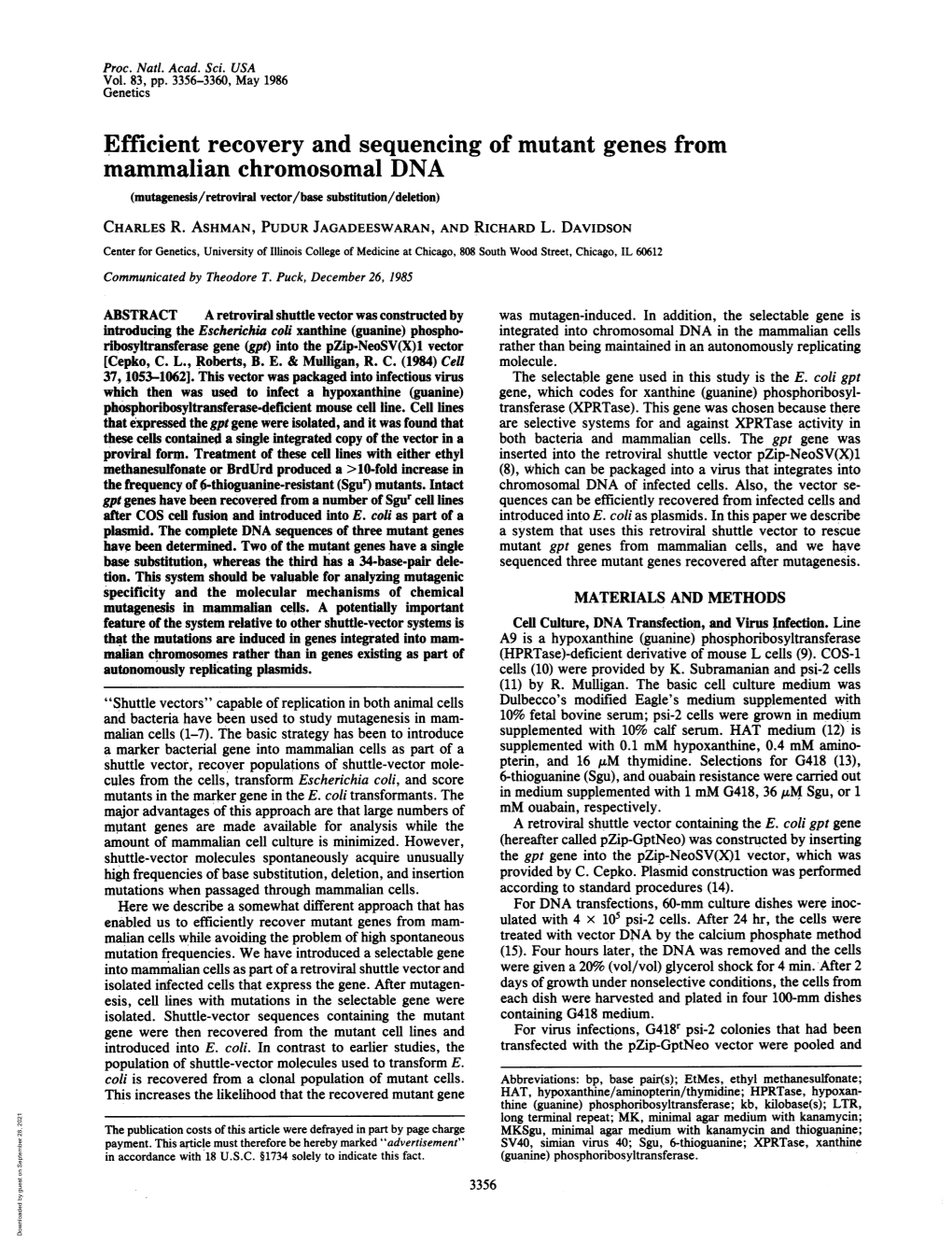 Efficient Recovery and Sequencing of Mutant Genes from Mammalian Chromosomal DNA (Mutagenesis/Retroviral Vector/Base Substitution/Deletion) CHARLES R