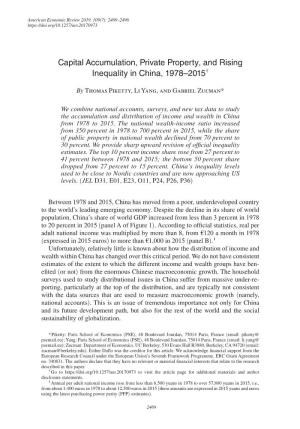 Capital Accumulation, Private Property, and Rising Inequality in China, 1978–2015†