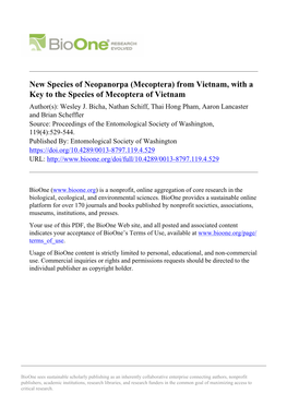 New Species of Neopanorpa (Mecoptera) from Vietnam, with a Key to the Species of Mecoptera of Vietnam Author(S): Wesley J