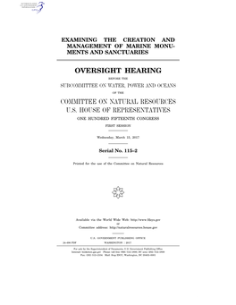 Oversight Hearing Committee on Natural Resources U.S