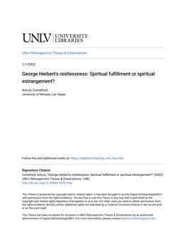 George Herbert's Restlessness: Spiritual Fulfillment Or Spiritual Estrangement?