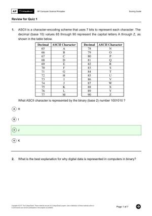 Review for Quiz 1 1. ASCII Is a Character-Encoding Scheme That