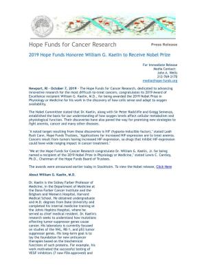Hope Funds for Cancer Research Press Release