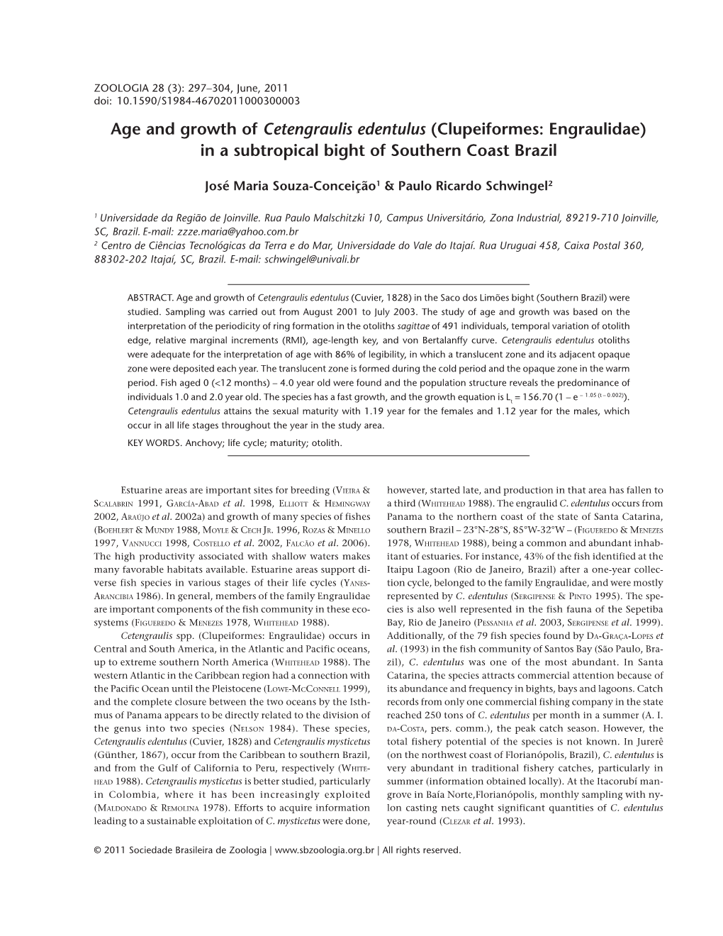 Age and Growth of Cetengraulis Edentulus (Clupeiformes: Engraulidae) in a Subtropical Bight of Southern Coast Brazil