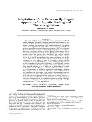 Adaptations of the Cetacean Hyolingual Apparatus for Aquatic Feeding and Thermoregulation