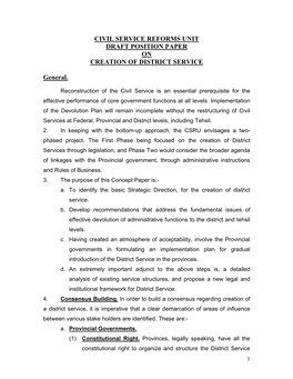 Civil Service Reforms Unit Draft Position Paper on Creation of District Service